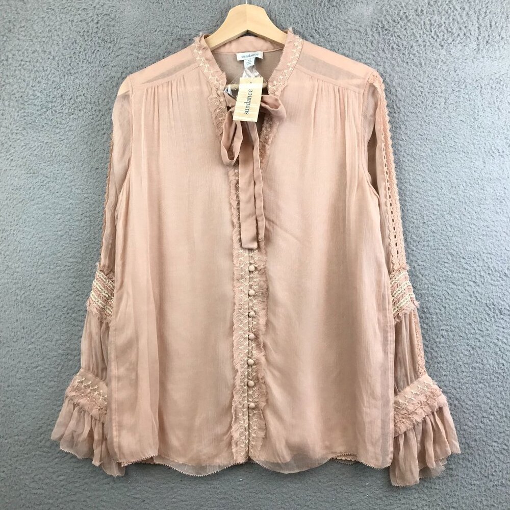 New Sundance Womens Sophia Blouse XS Peach Lace Long Sleeve Button‎ Detail